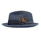 Slate Montique fedora hat side view with open weave crown, satin ribbon band, logo pin, and clean white brim