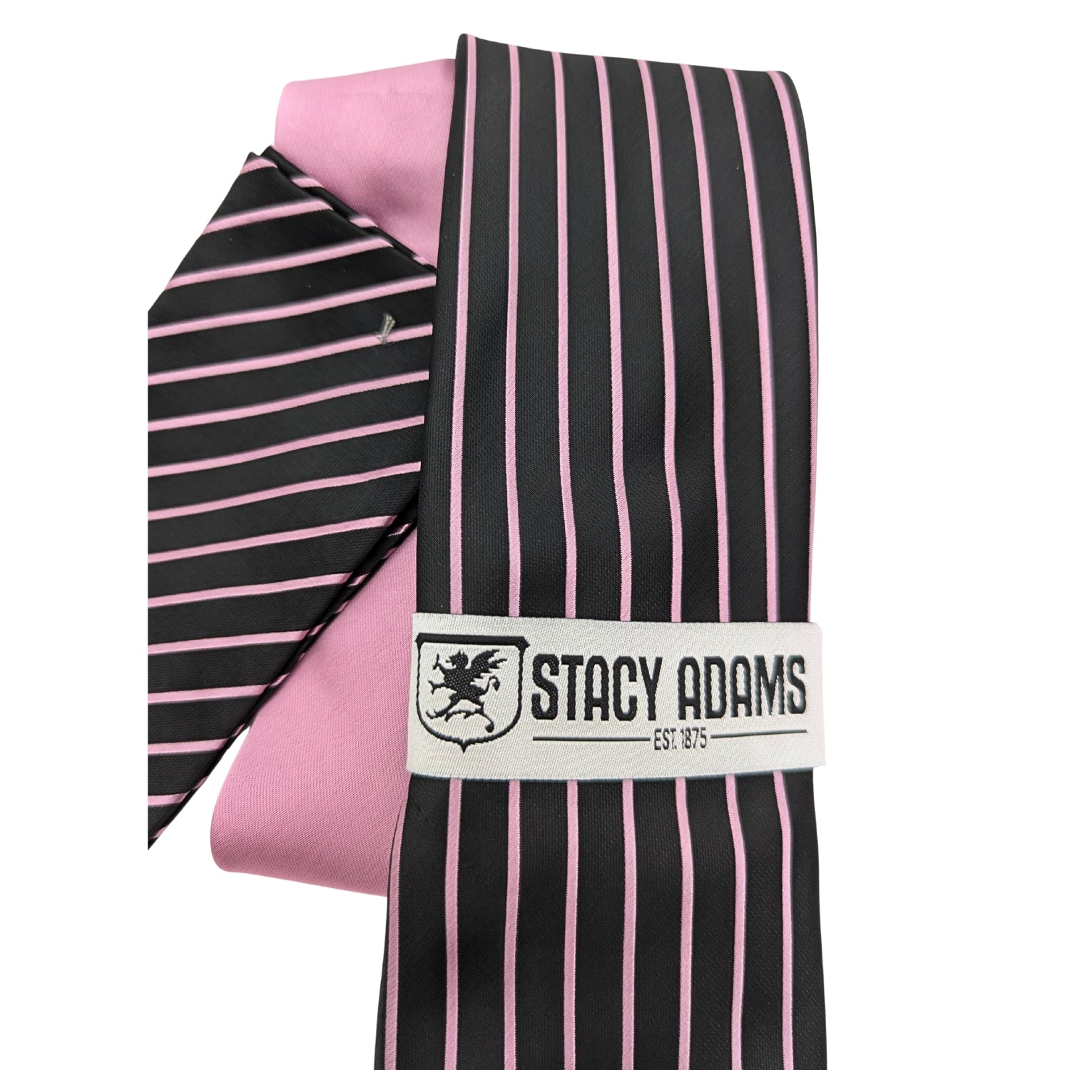 Close-up of Stacy Adams black and pink pinstripe tie and matching pocket square