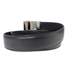 Removable blue and silver plaque buckle on black leather belt