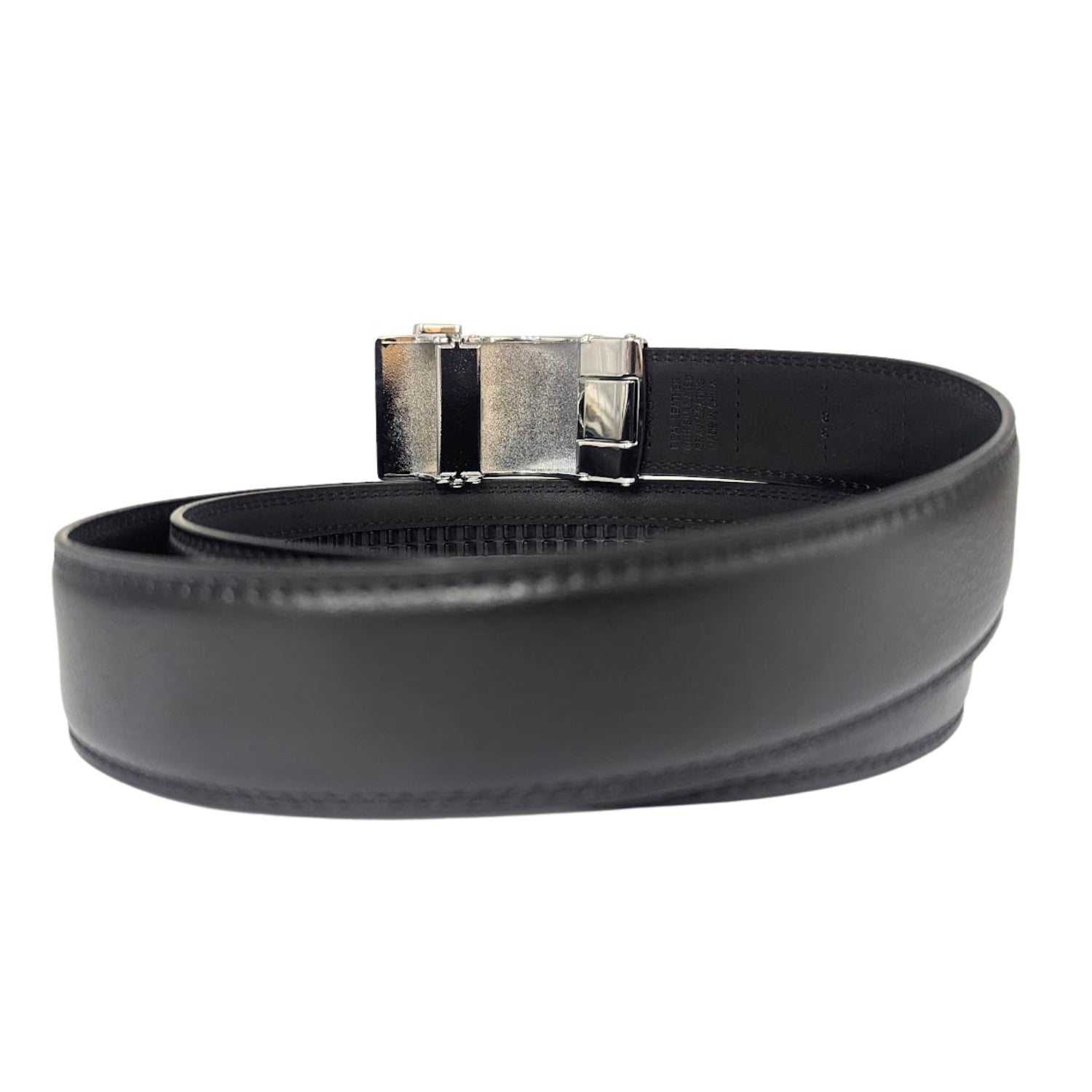 Removable blue and silver plaque buckle on black leather belt