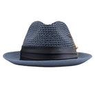 Slate Montique fedora hat front view with feather accent, satin ribbon band, logo pin, and open weave crown