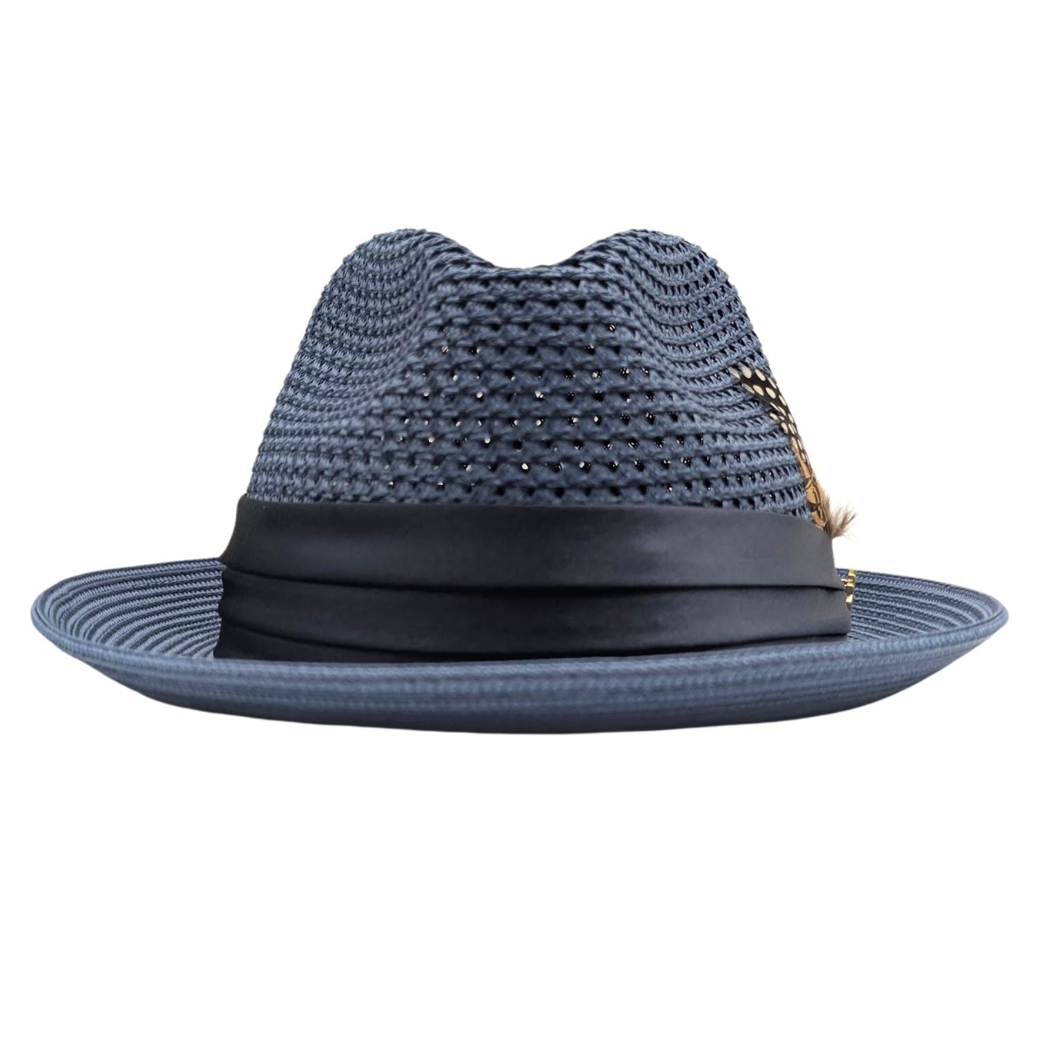 Slate Montique fedora hat front view with feather accent, satin ribbon band, logo pin, and open weave crown