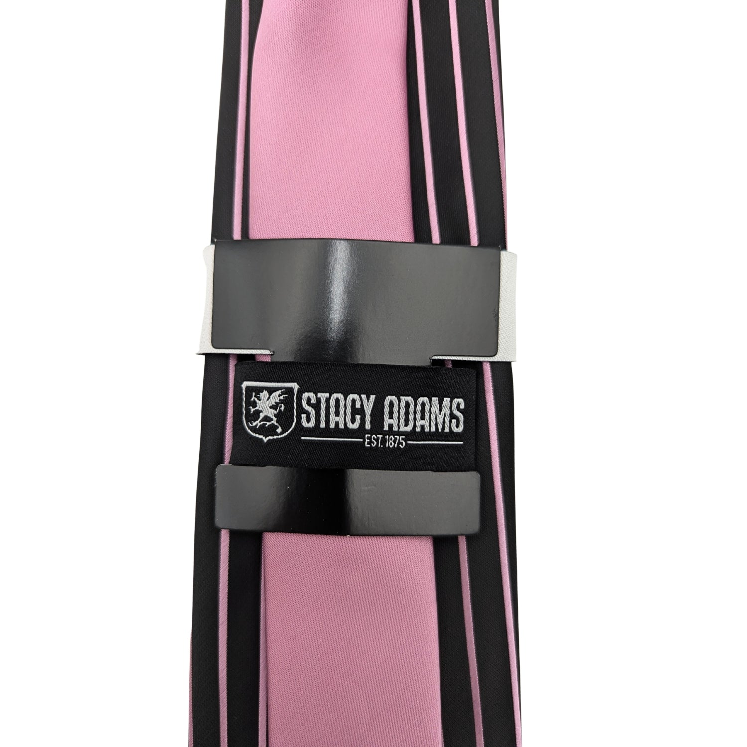 Stacy Adams black and pink pinstripe tie set showing red reverse detail and branded keeper loop