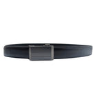 Black holeless leather ratchet belt shown coiled