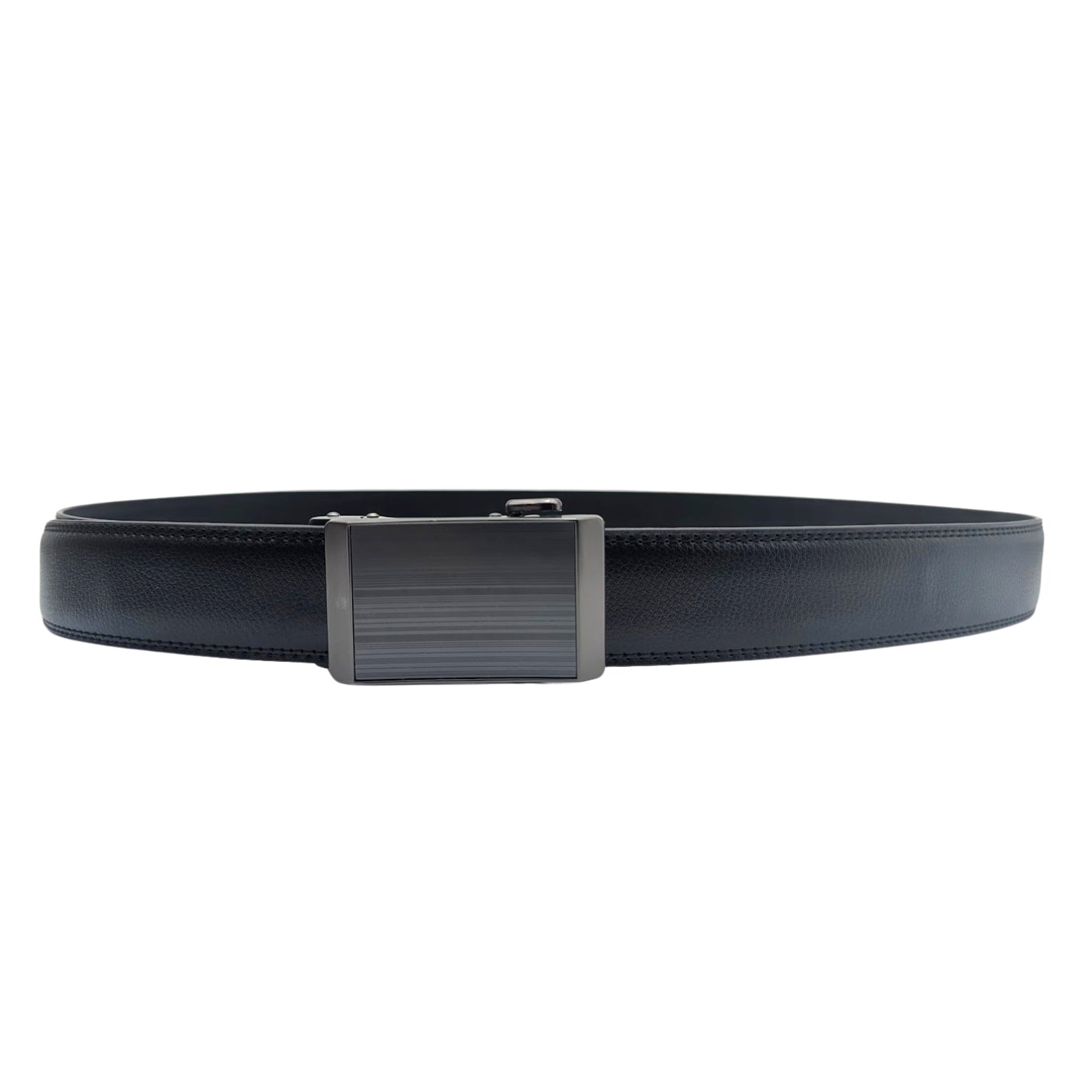 Black holeless leather ratchet belt shown coiled