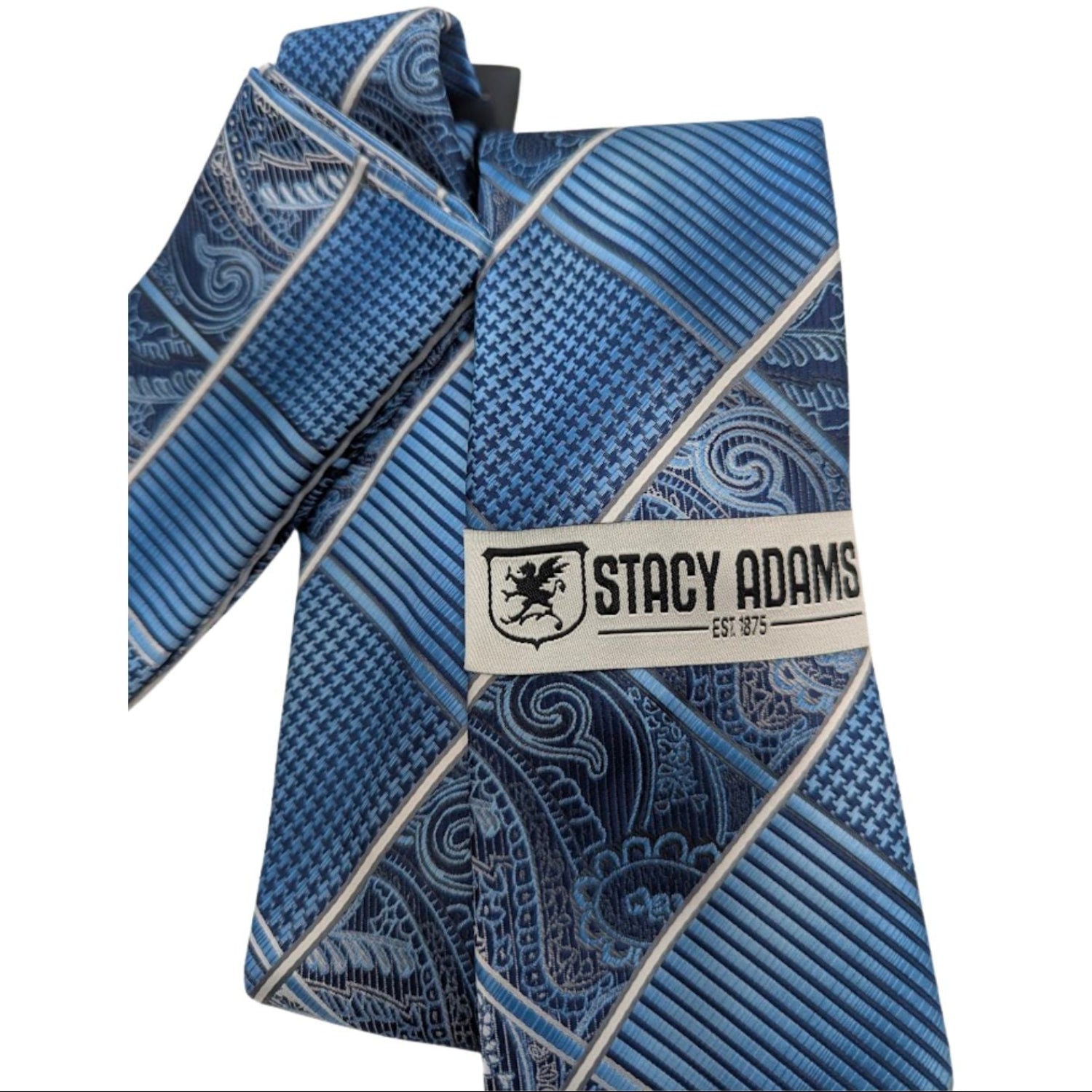 folded blue paisley patchwork necktie with matching pocket square