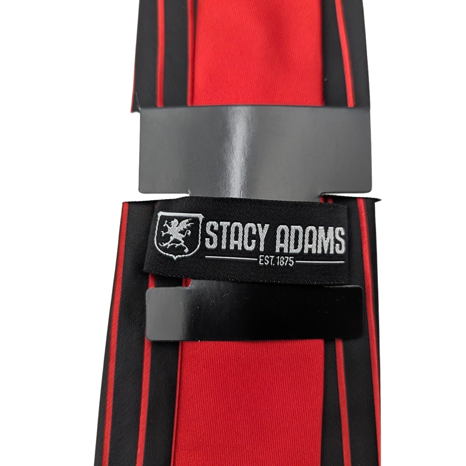 Stacy Adams black and red pinstripe tie set showing red reverse detail and branded keeper loop