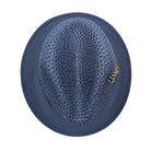 slate Montique fedora hat top view with open woven crown, matching brim, and side feather detail