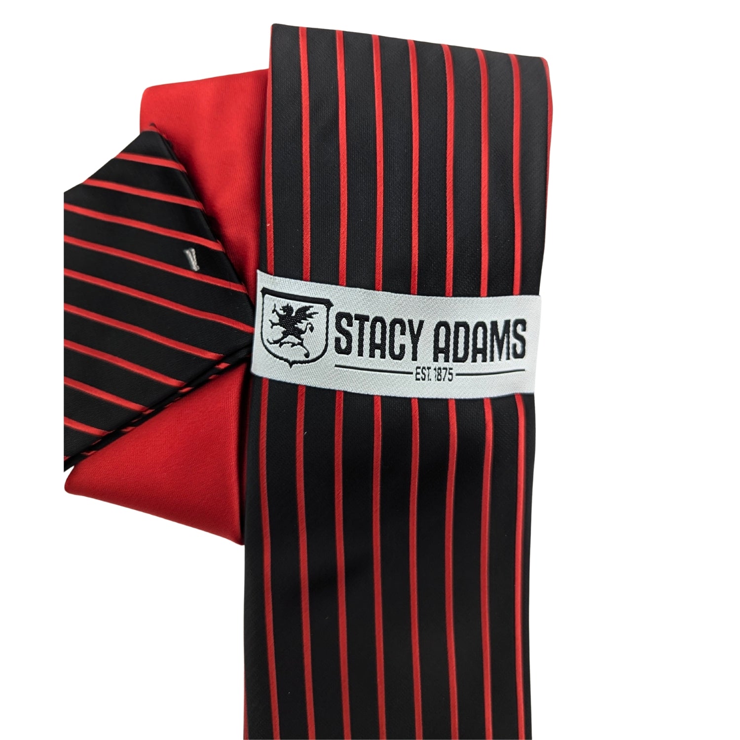 Close-up of Stacy Adams black and red pinstripe tie and matching pocket square