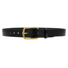 Men's black genuine leather belt with gold-tone buckle shown full length