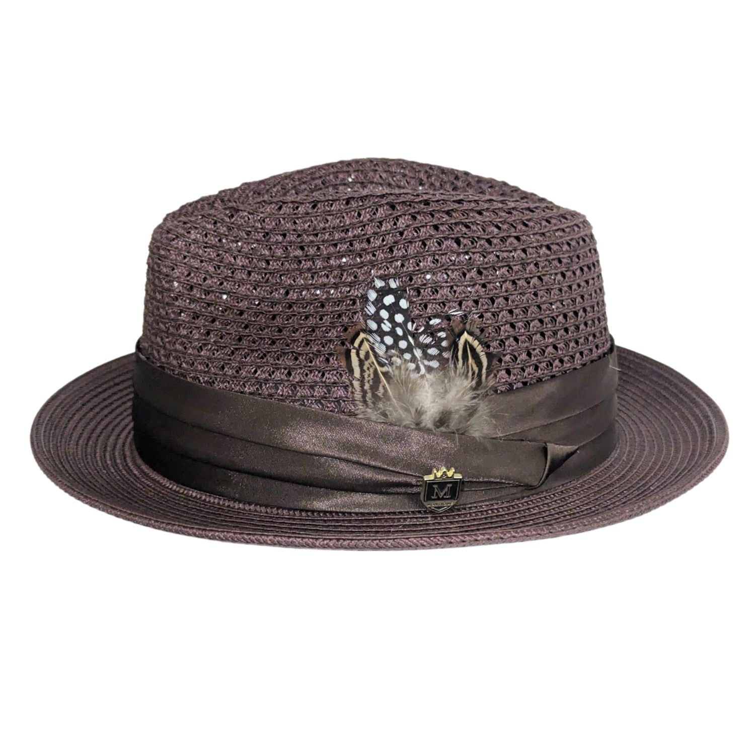Brown Montique fedora hat side view with open weave crown, feather accent, satin ribbon band, and Montique logo pin