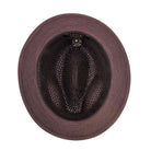 Brown Montique fedora hat interior view with open woven crown, matching brim, and branded label