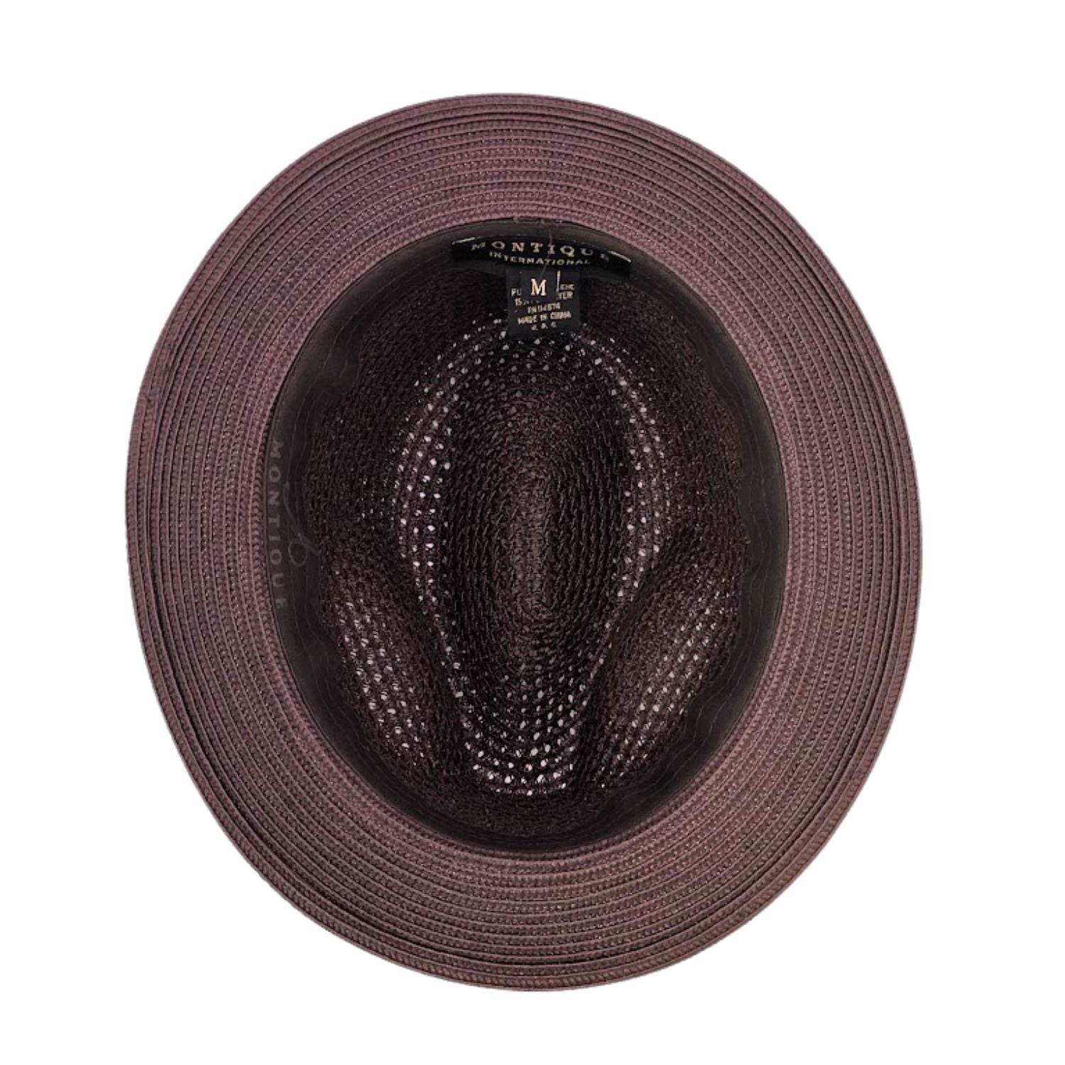 Brown Montique fedora hat interior view with open woven crown, matching brim, and branded label