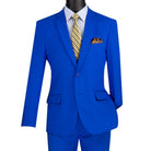Close-up detail of royal solid color slim fit suit fabric and jacket front