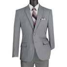 Close-up detail of medium grey solid color slim fit suit fabric and jacket front
