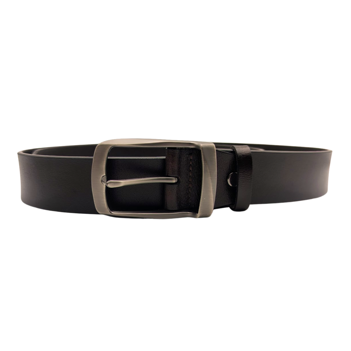 Extended dark brown smooth leather belt with single-prong silver buckle
