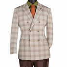 Close-up detail of tan windowpane plaid blazer fabric and double-breasted front