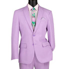 Close-up detail of lavender solid color slim fit suit fabric and jacket front