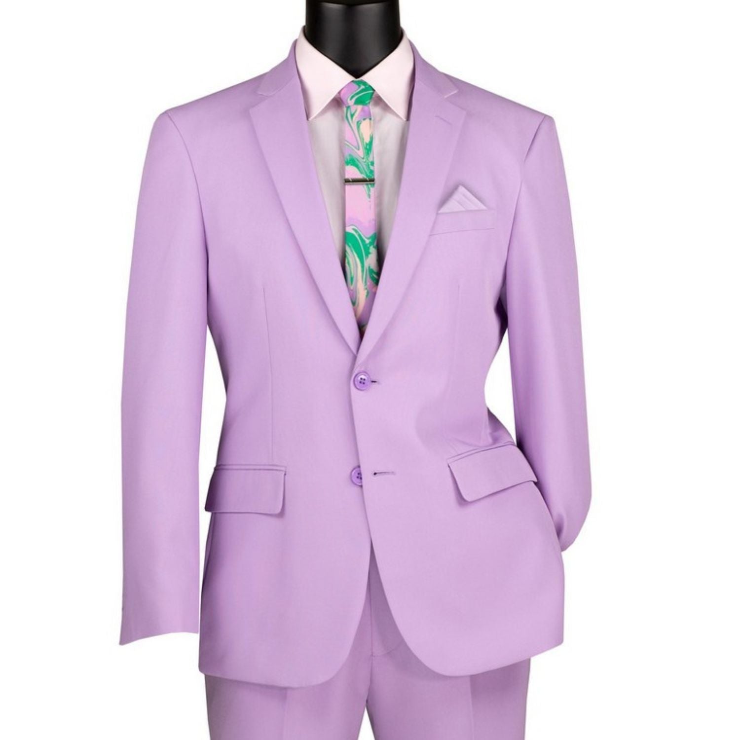 Close-up detail of lavender solid color slim fit suit fabric and jacket front
