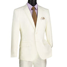 Close-up detail of ivory solid color slim fit suit fabric and jacket front