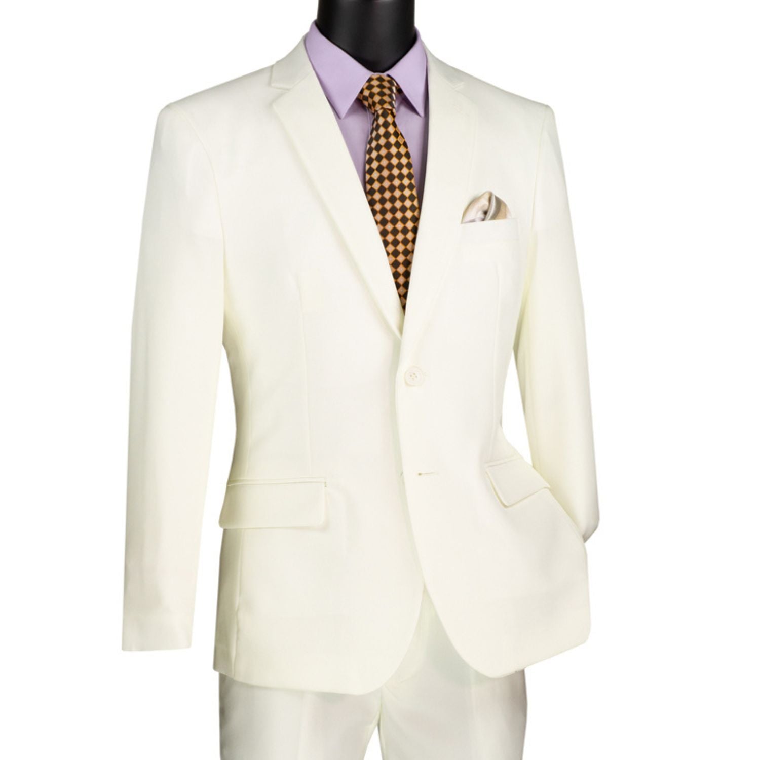 Close-up detail of ivory solid color slim fit suit fabric and jacket front