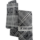 folded black and grey plaid paisley necktie with matching pocket square