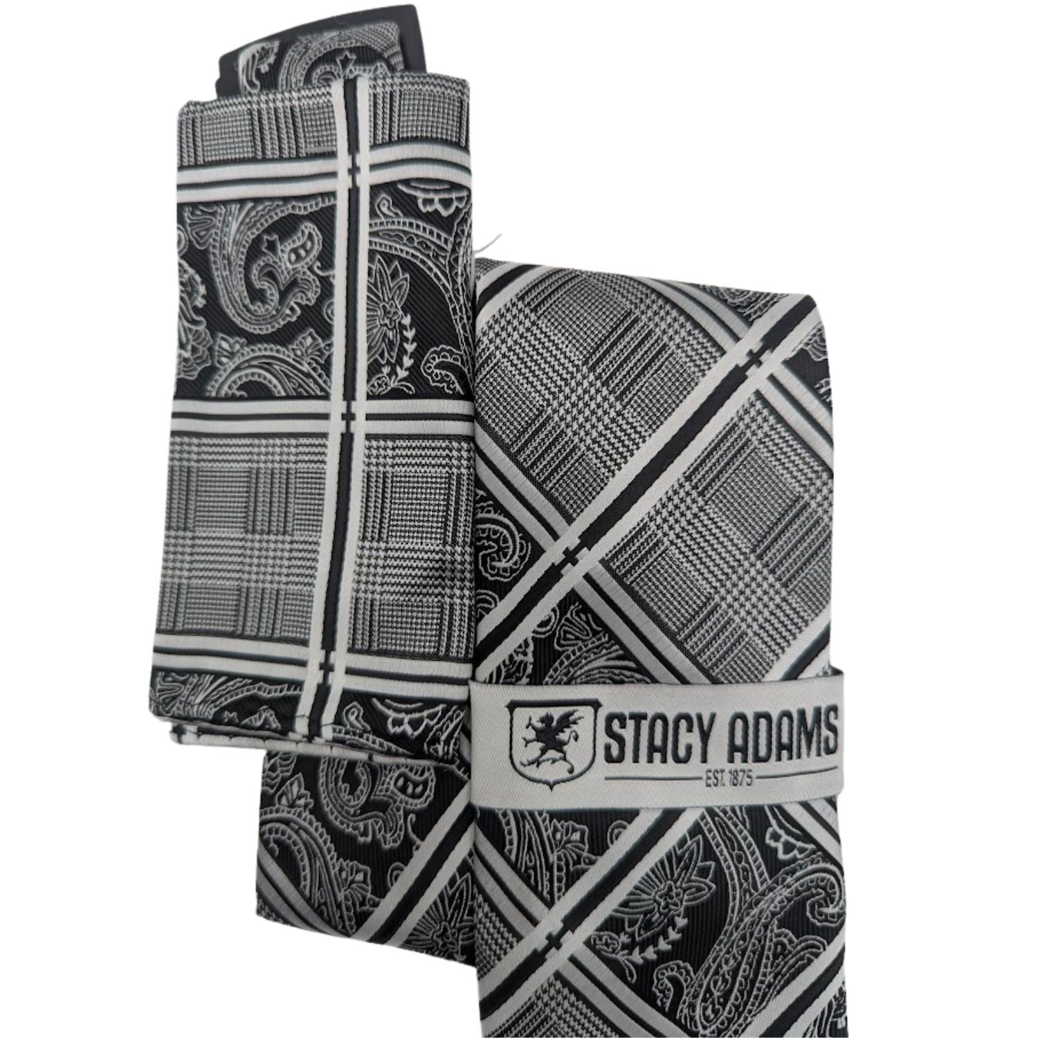 folded black and grey plaid paisley necktie with matching pocket square