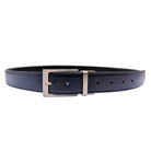 Men's navy leather belt with square single-prong buckle shown full length