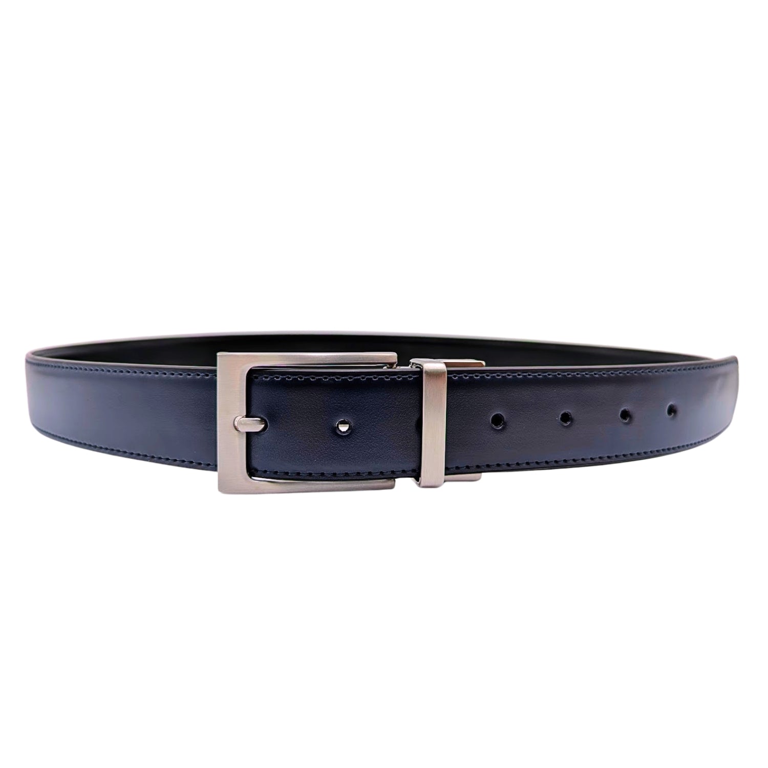 Men's navy leather belt with square single-prong buckle shown full length
