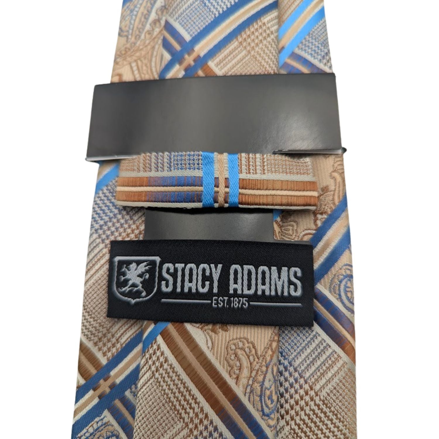 Stacy Adams tan blue paisley tie detail with royal blue and brown accents