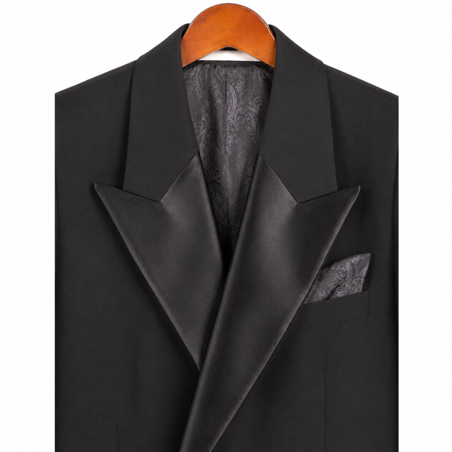 black tuxedo satin peak lapel close up