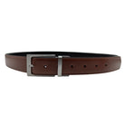 Men's cognac leather belt with square single-prong buckle shown full length