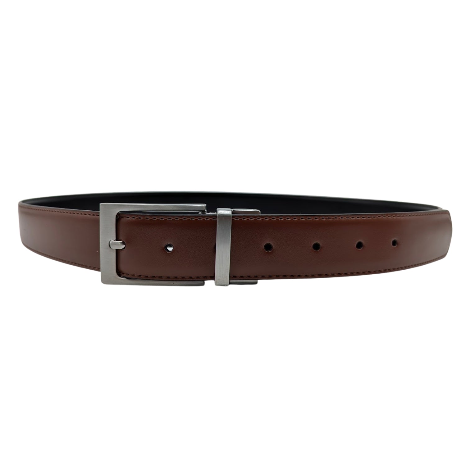 Men's cognac leather belt with square single-prong buckle shown full length