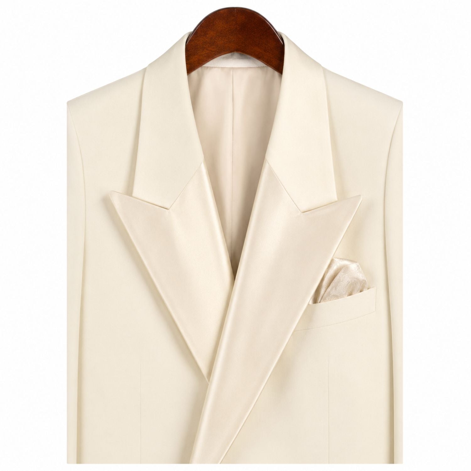 ivory tuxedo satin peak lapel close up