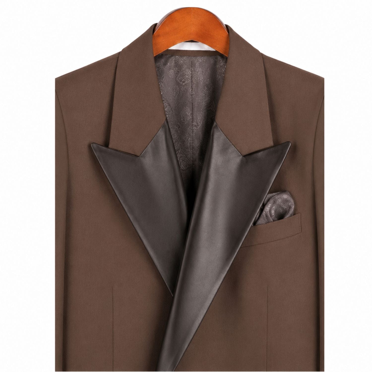 brown  tuxedo satin peak lapel close up