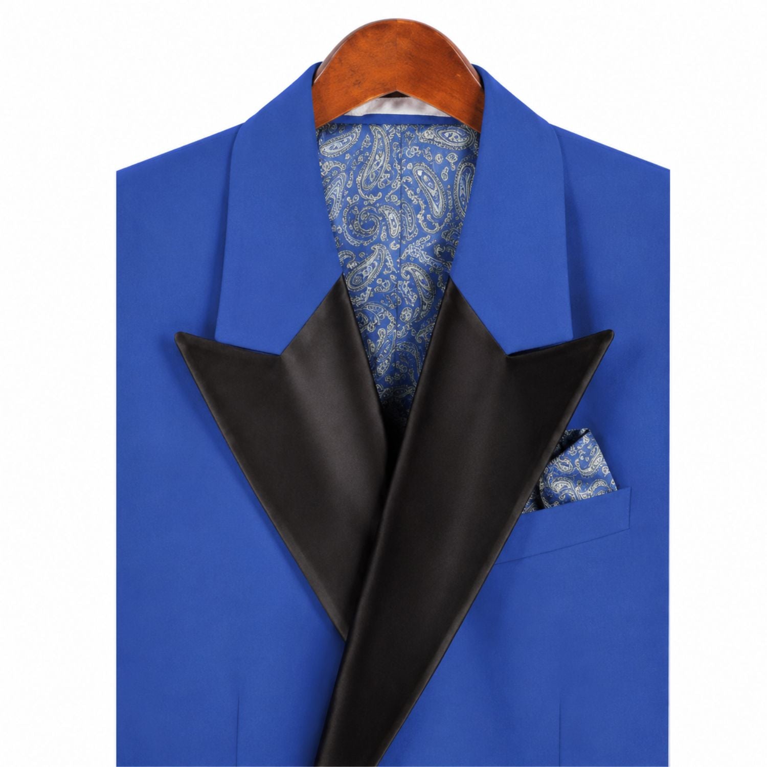 Royal blue tuxedo satin peak lapel close up