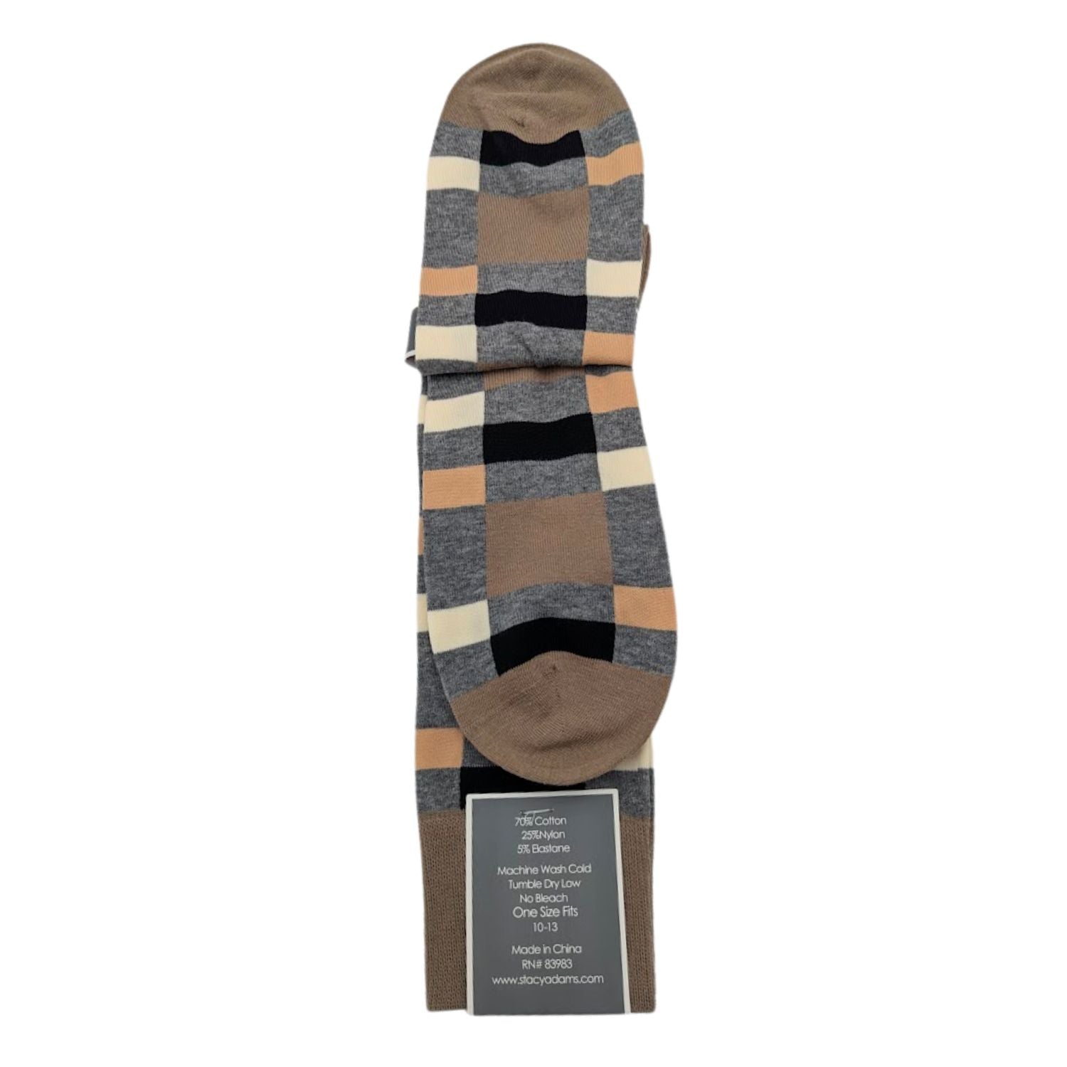 Stacy Adams taupe charcoal block stripe dress socks on hanger