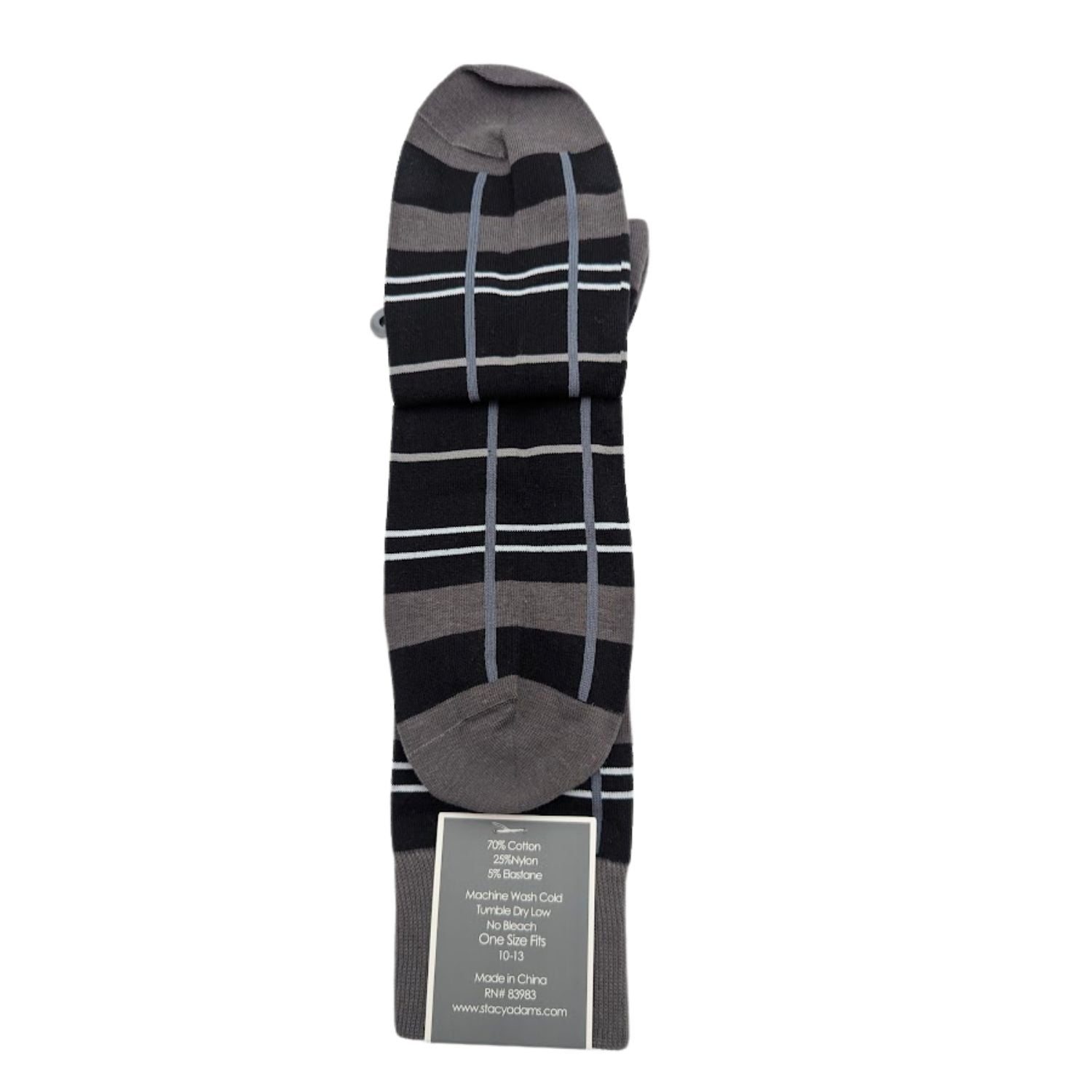 Stacy Adams black dress socks with charcoal grey and light blue stripe accents