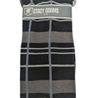 close up of black windowpane stripe dress socks with white horizontal lines