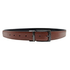 Men's cognac leather belt with tonal stitching and gunmetal buckle shown full length