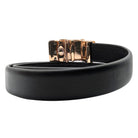 Black leather ratchet belt with removable rose gold-tone swirl plaque buckle