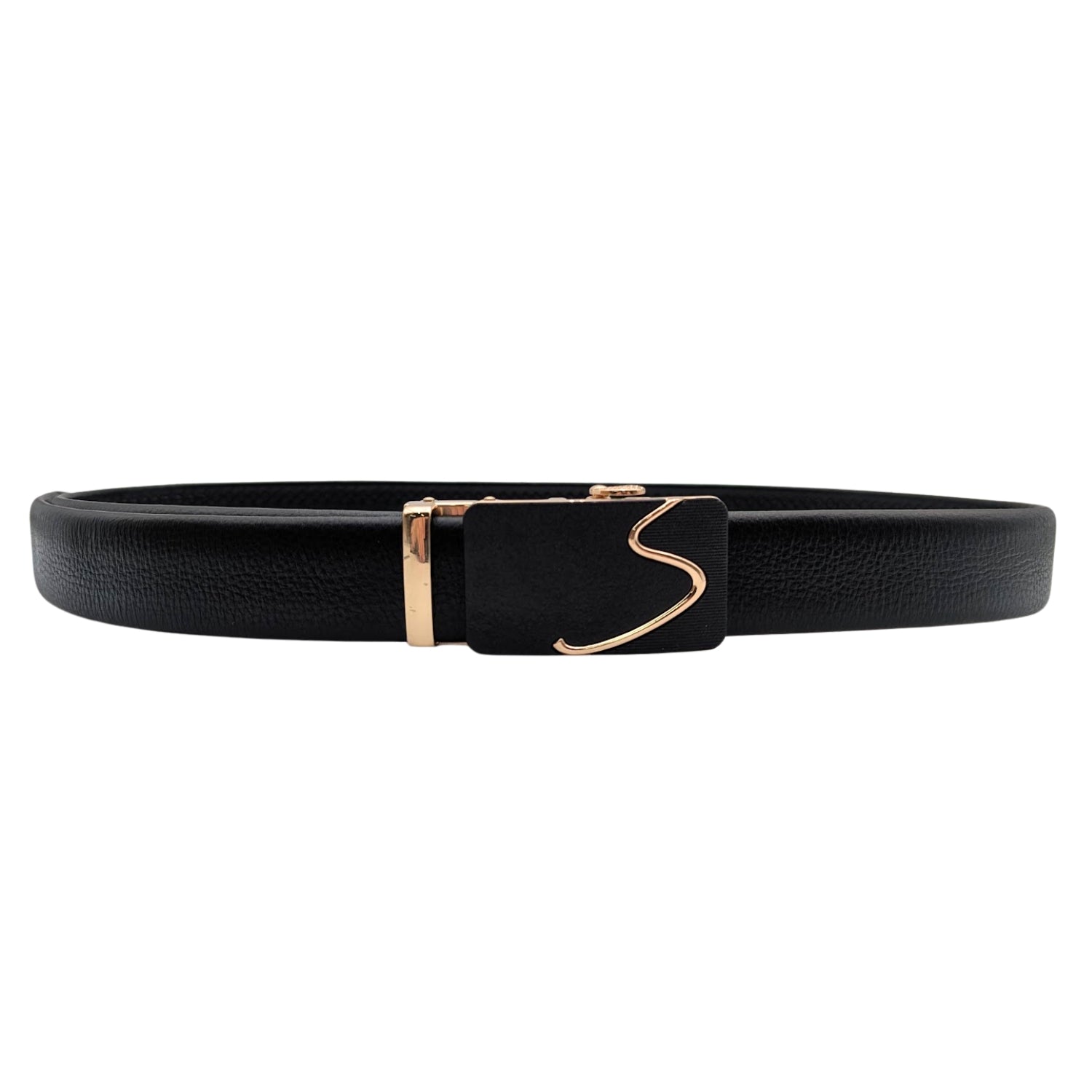 Men's black genuine leather ratchet belt with holeless adjustment track