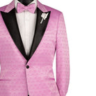 Close-up detail of lilac textured jacquard fabric and black satin shawl lapel