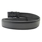 Black leather ratchet belt with removable black and silver-tone geometric buckle