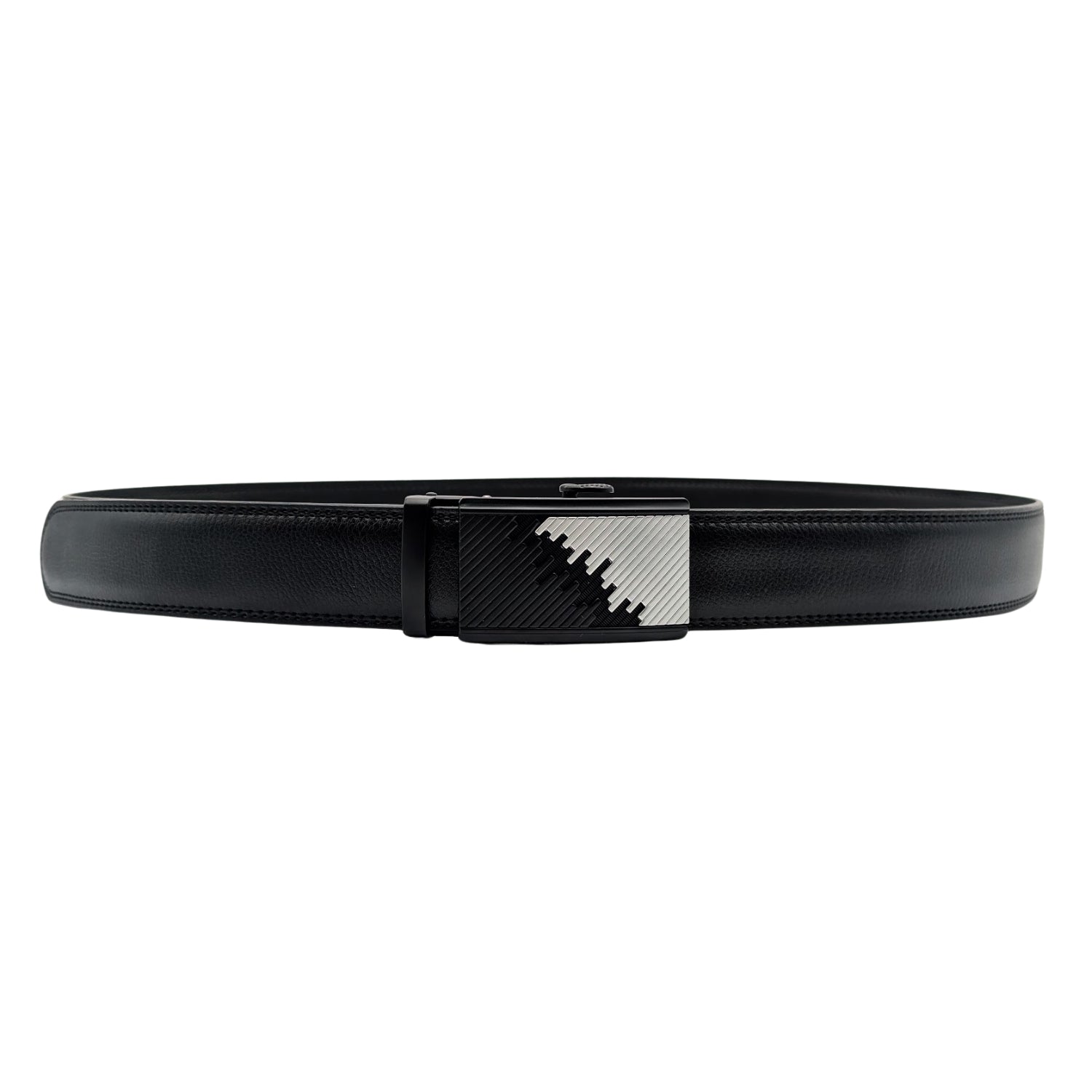 Men's black genuine leather ratchet belt with holeless adjustment track