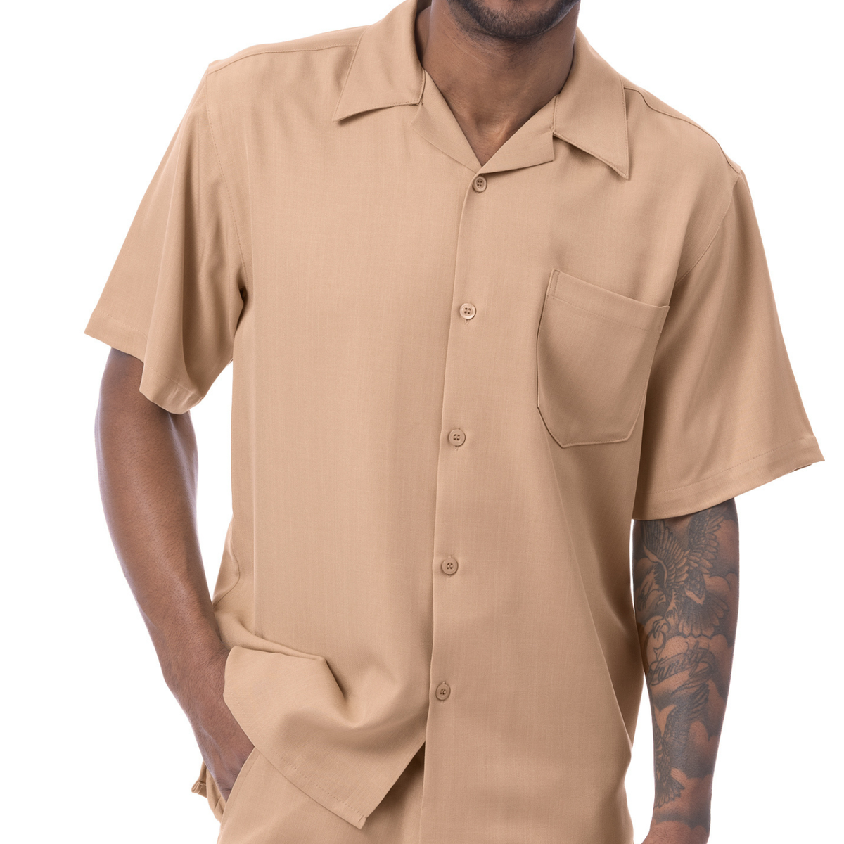 Front view of the beige solid short sleeve men's walking suit shirt.