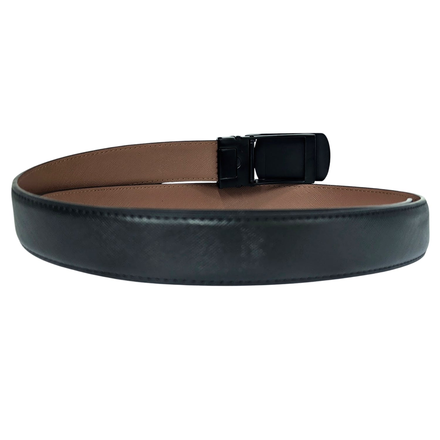 Men's black genuine leather ratchet belt with holeless adjustment track