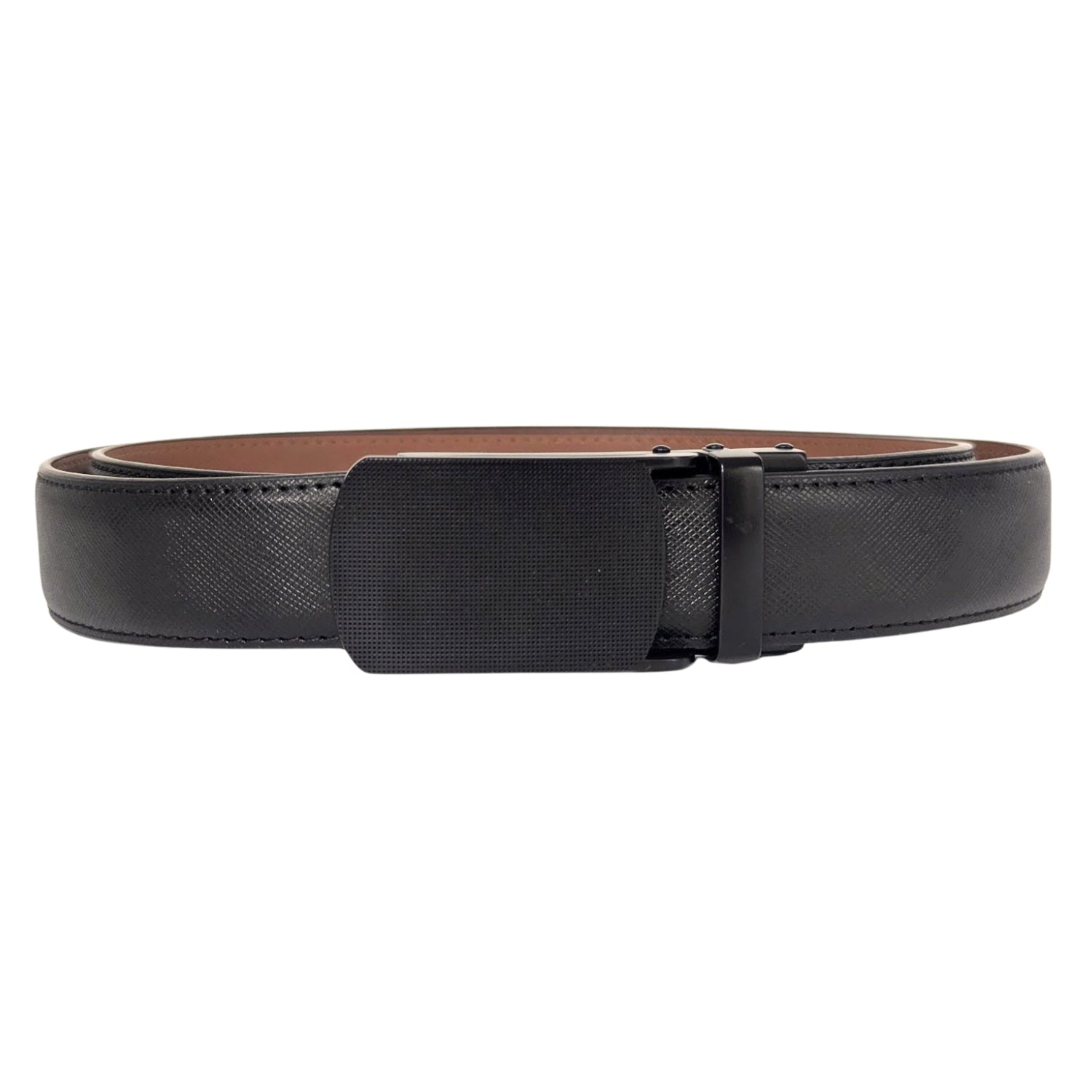 Men's black leather ratchet belt with removable black automatic buckle