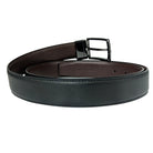 Men's black twill-weave leather belt showing dark brown interior