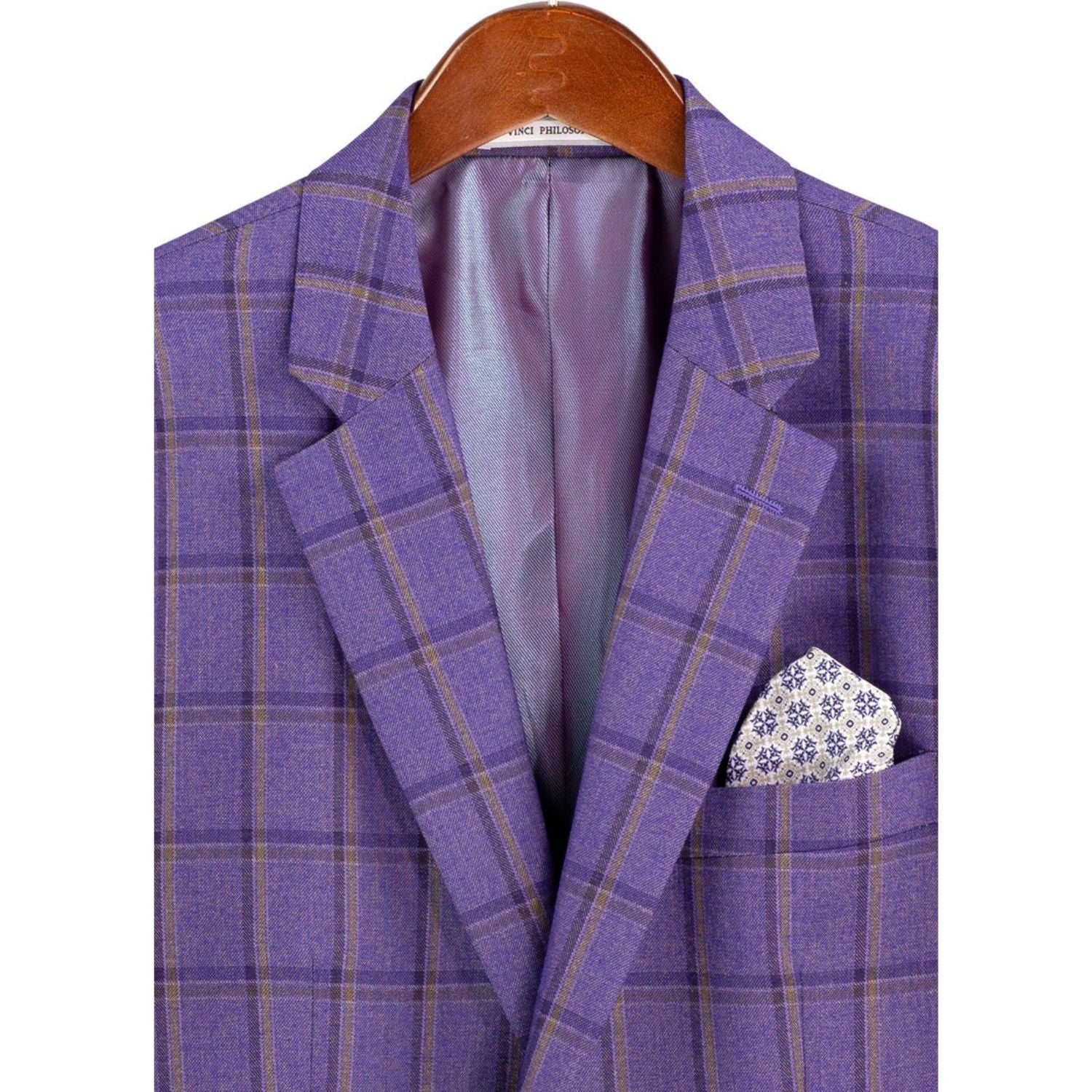 Close-up detail of purple windowpane plaid wool-feel fabric pattern
